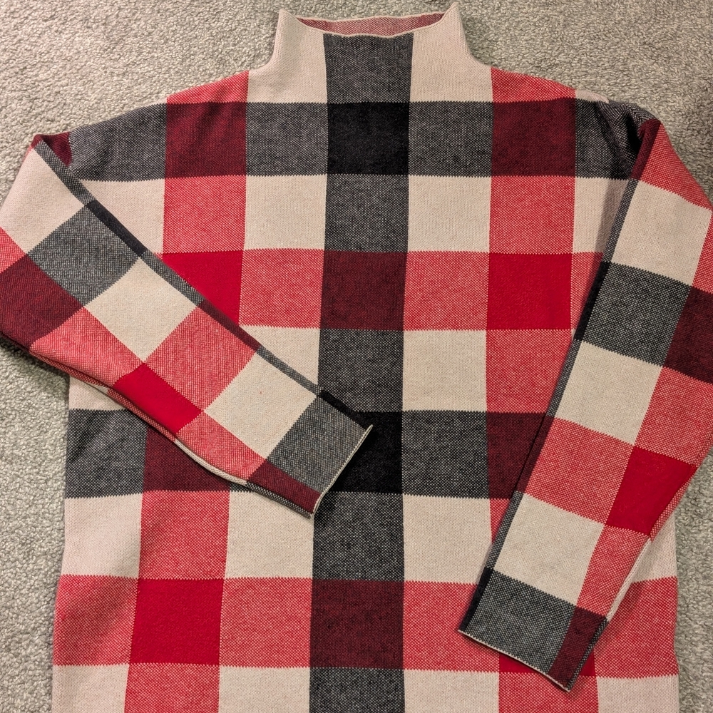 Tahari Red and Black Checkered Mockneck Sweater